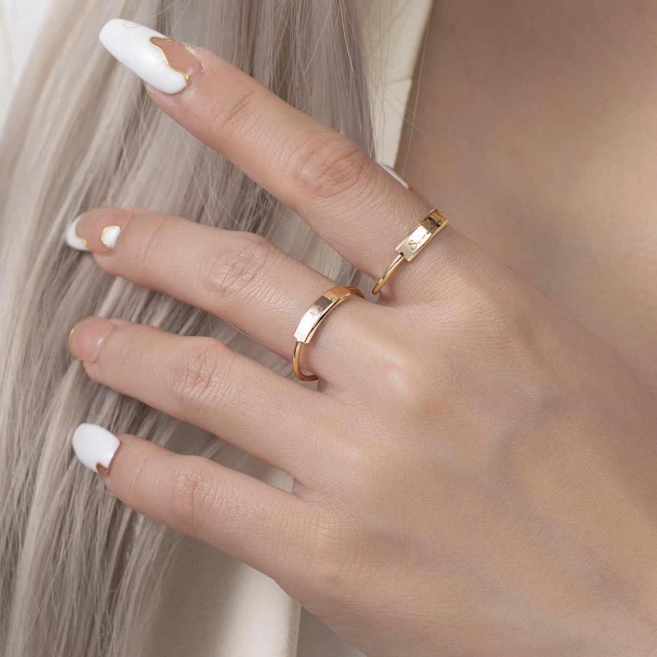 14K gold engraved bar ring with personalization