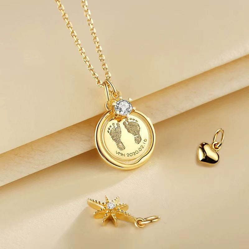 Custom Engraved 14K Gold Baby Footprint Necklace - Available in 925 Silver, 14K Yellow, Rose, and White Gold, Perfect for New Parents