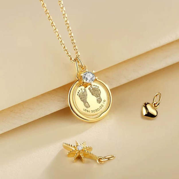 Custom Engraved 14K Gold Baby Footprint Necklace - Available in 925 Silver, 14K Yellow, Rose, and White Gold, Perfect for New Parents