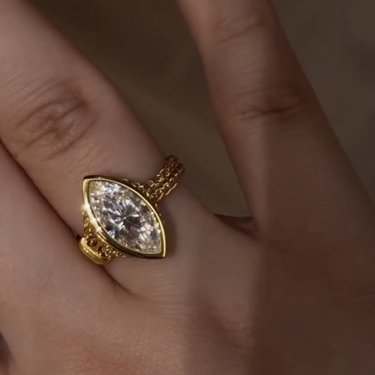 Marquise Cut Solitaire Ring | 24k Gold Plated Woven Chain Band | Adjustable Open Wrap Statement Jewelry | Gift for Her