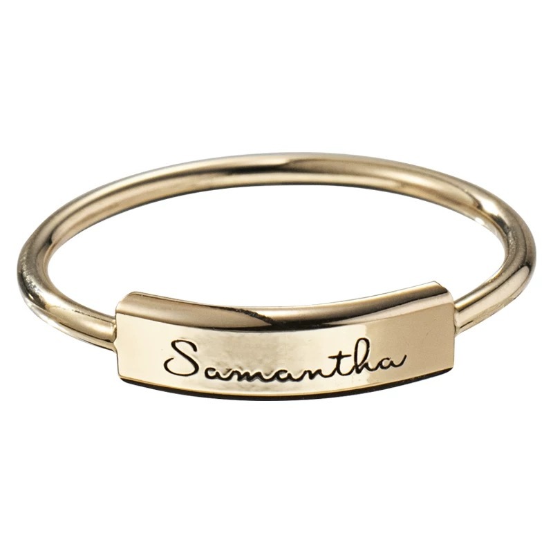 14K gold engraved bar ring with personalization