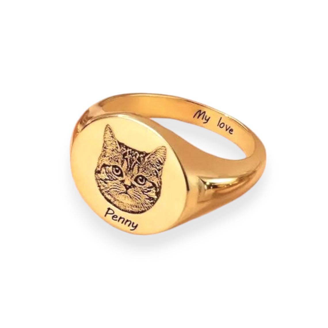 Custom Engraved Gold Pet Portrait Ring – Personalized with Name and Image