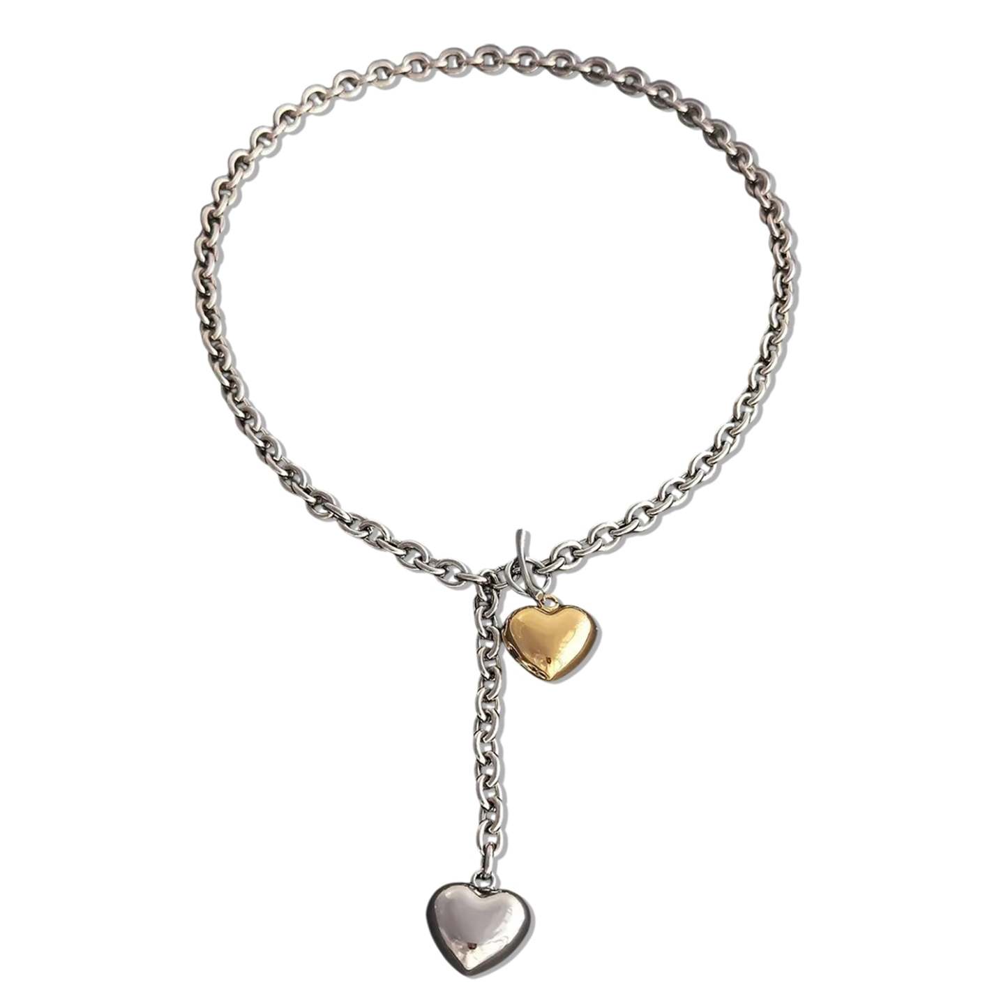 Duo-Tone Heart Charm Bracelet - Sterling Silver and 14k Gold Plated #HeartBracelet #TwoToneJewelry #BraceletWithCharms