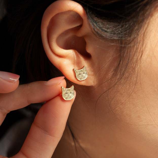 Gold-Tone Cat Face Stud Earrings