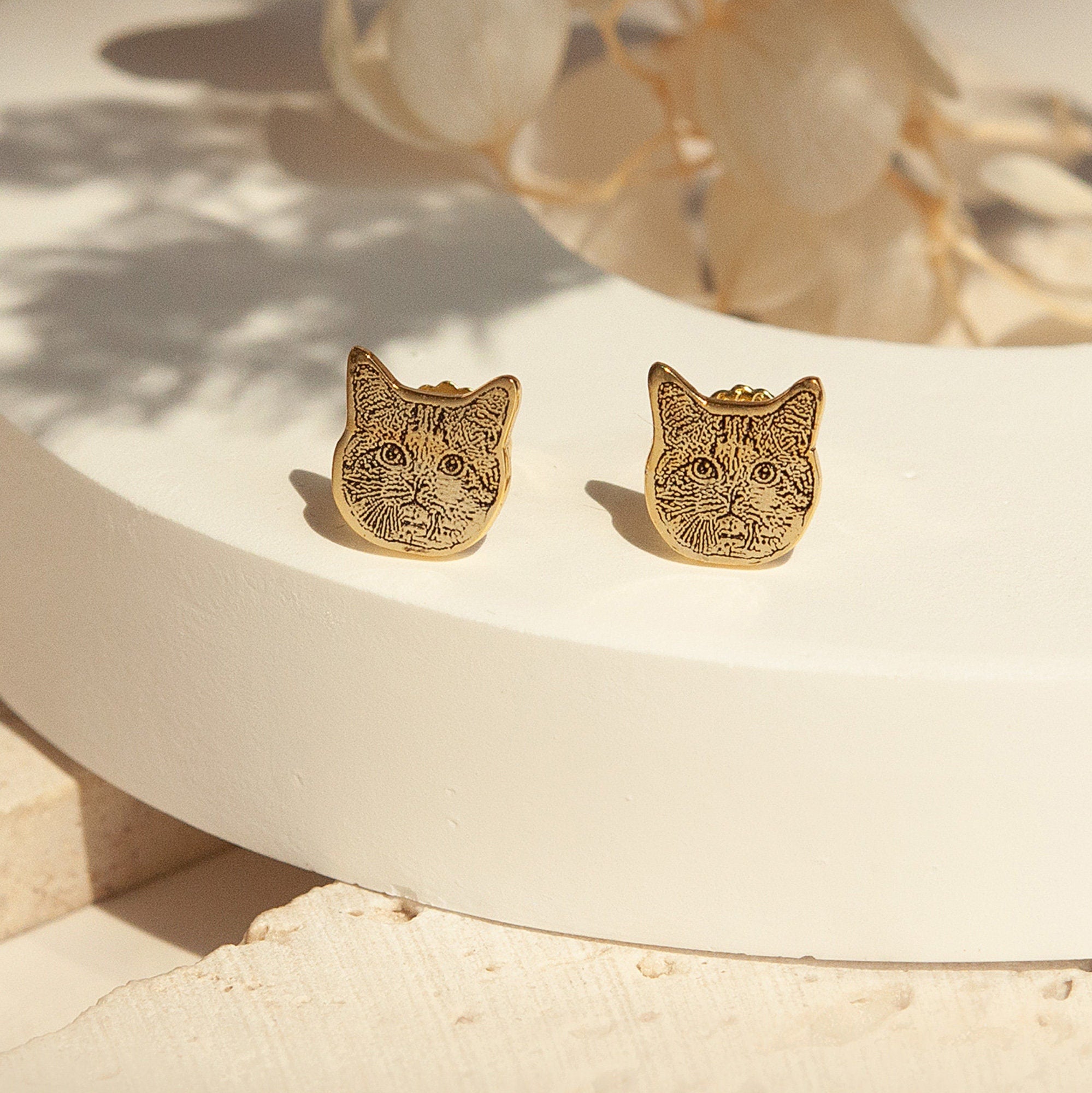 Gold-Tone Cat Face Stud Earrings