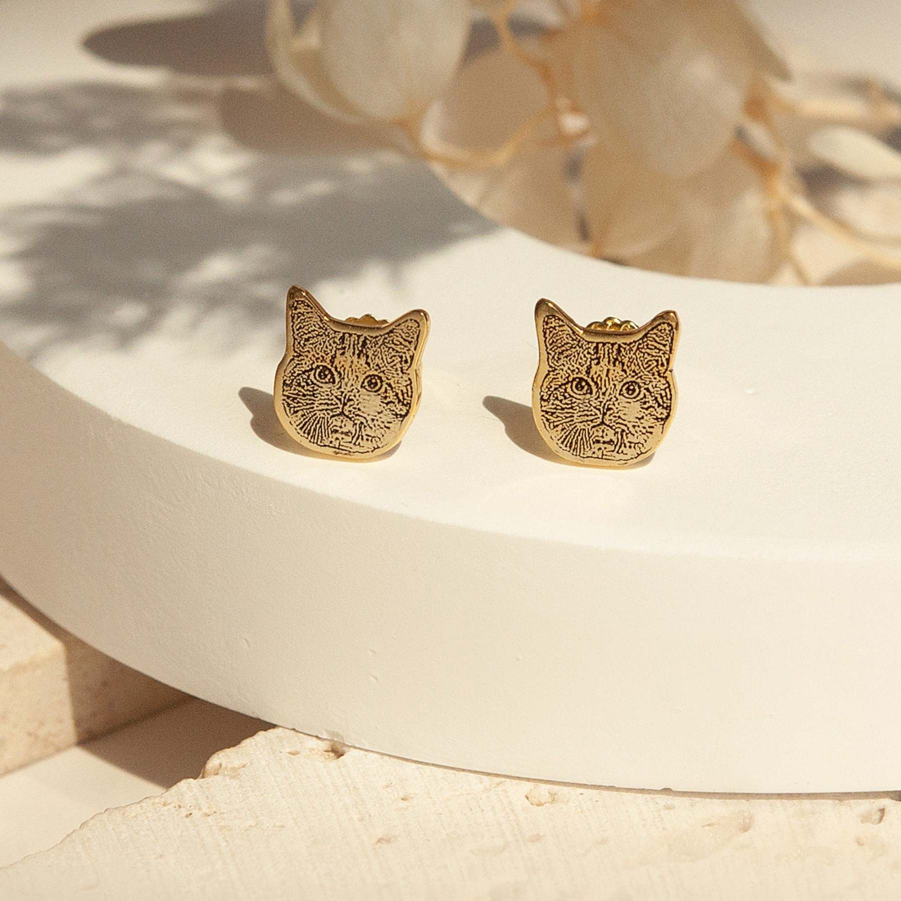 Gold-Tone Cat Face Stud Earrings