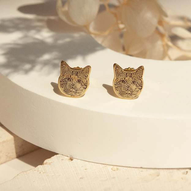 Gold-Tone Cat Face Stud Earrings
