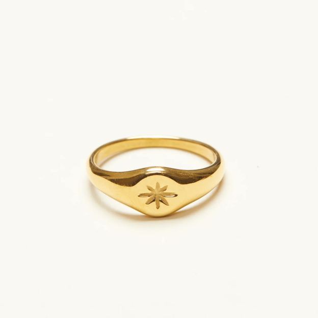 18K Gold Ring, Gold-Plated, Starburst Design, Signet Ring, Classic Style