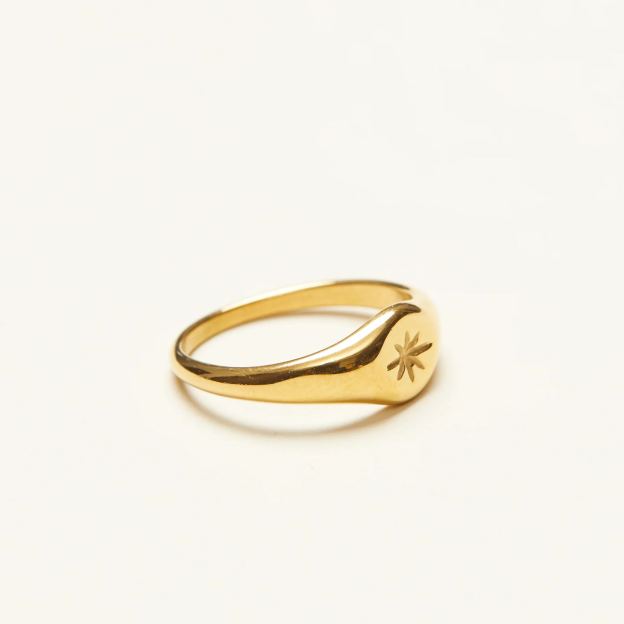 18K Gold Ring, Gold-Plated, Starburst Design, Signet Ring, Classic Style