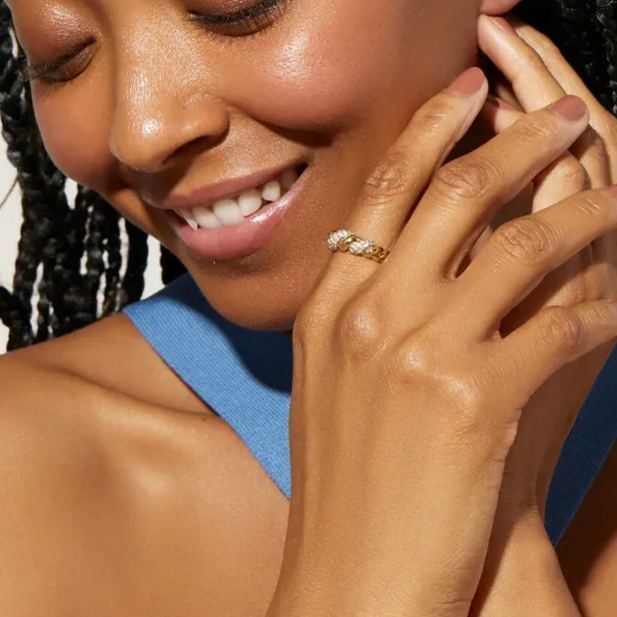 Silver and gold-tone twist link ring with gemstones