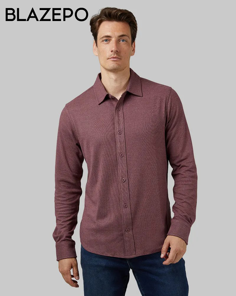 MEN'S SOFT STRETCH KNIT LONG SLEEVE BUTTON-UP