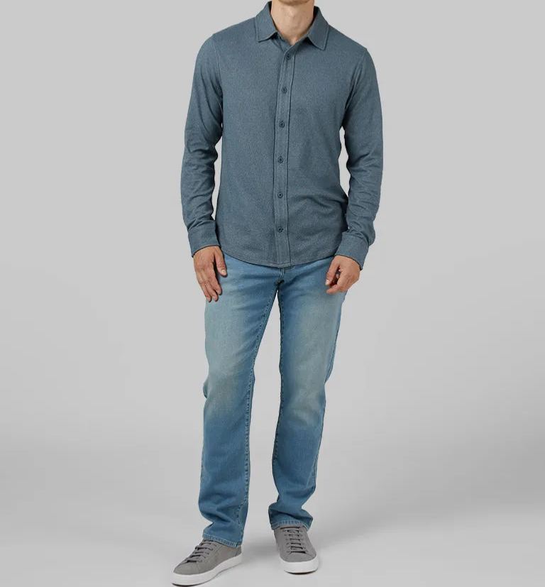 MEN'S SOFT STRETCH KNIT LONG SLEEVE BUTTON-UP