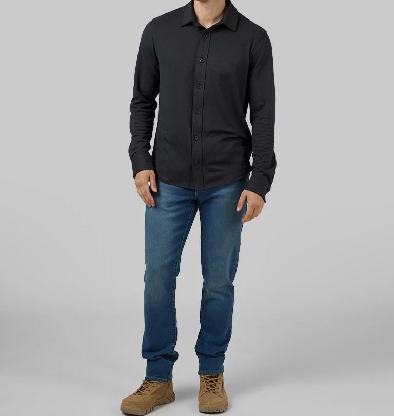 MEN'S SOFT STRETCH KNIT LONG SLEEVE BUTTON-UP