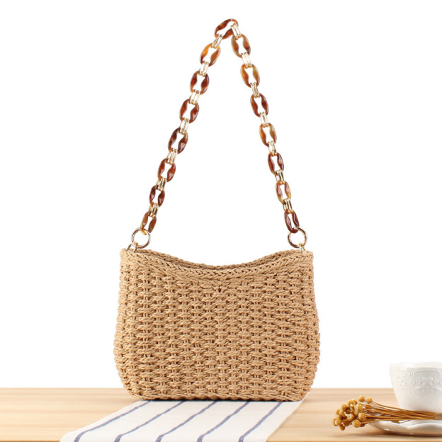 Small Handmade Straw Pocketbook Bag for Women Woven Handbag Shoulder Purse with Chain