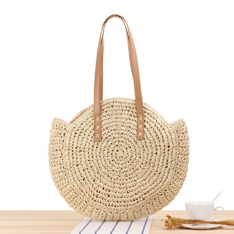 Classic Summer Straw Bag Women Round Beach Shoulder Handbag