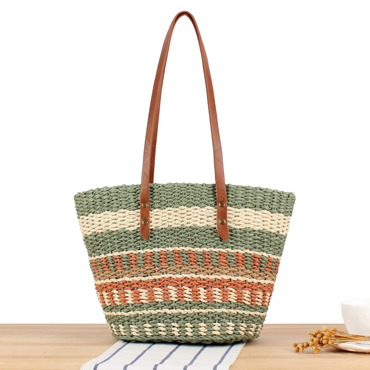 Handwoven Straw Tote Bag with Leather Handles