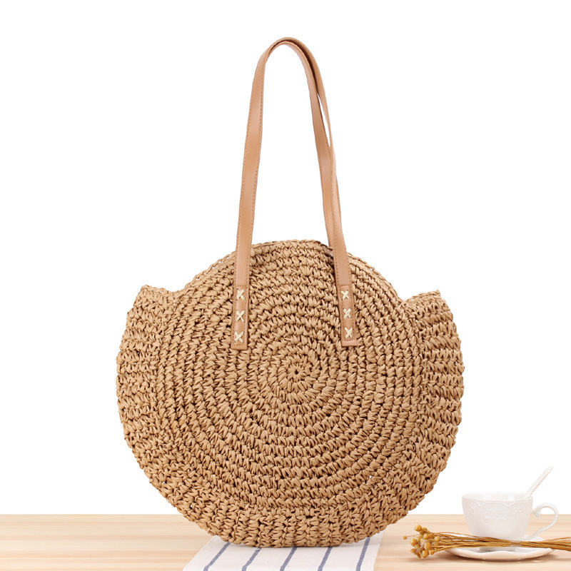 Classic Summer Straw Bag Women Round Beach Shoulder Handbag