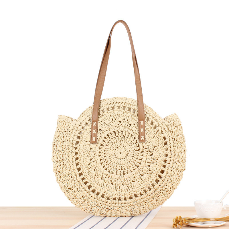 Classic Summer Straw Bag Women Round Beach Shoulder Handbag