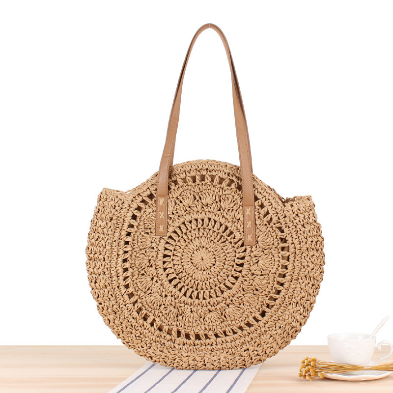 Classic Summer Straw Bag Women Round Beach Shoulder Handbag