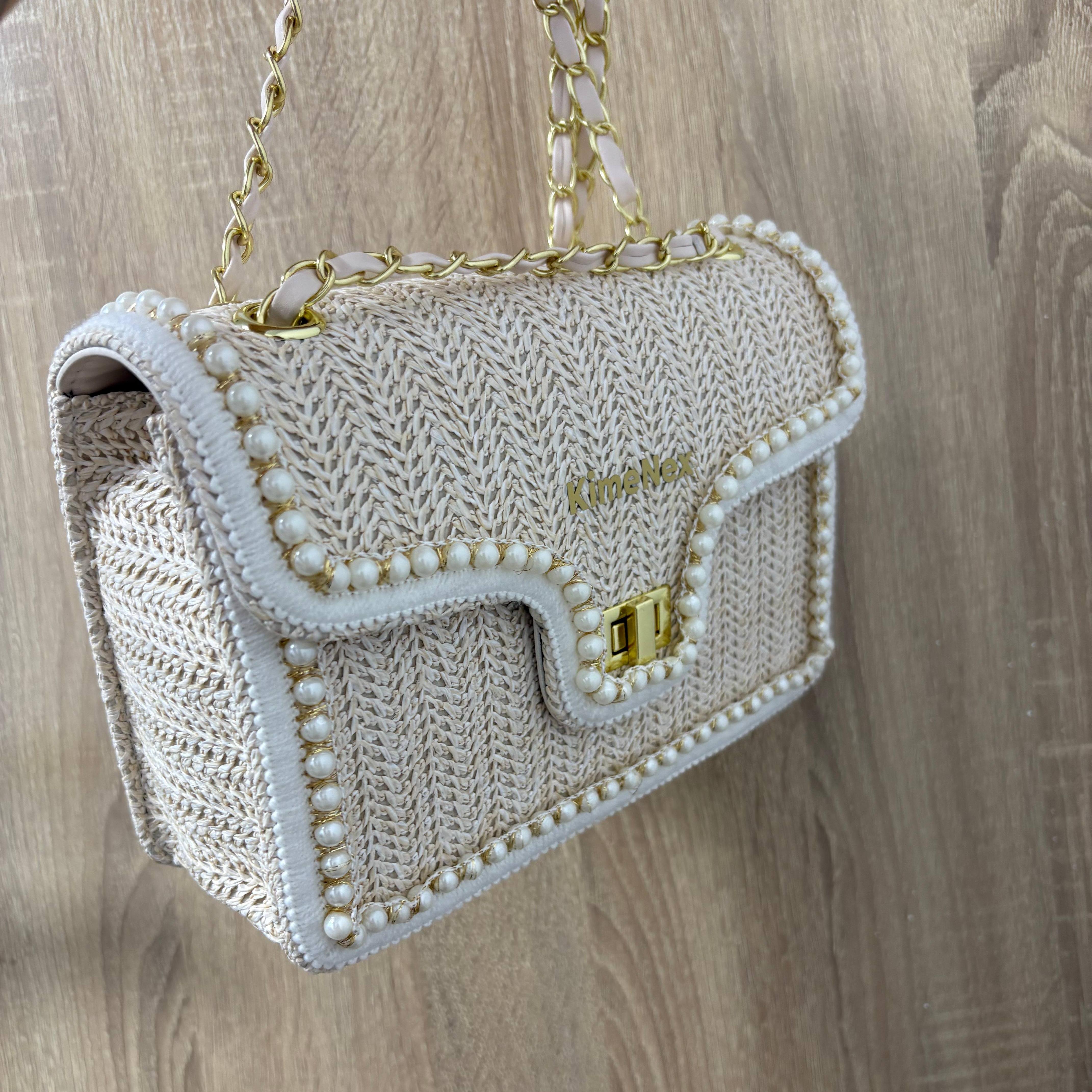 Small Women Straw Shoulder Bag Crossbody Bag Beach Purse with Pearls Decor for Vacation