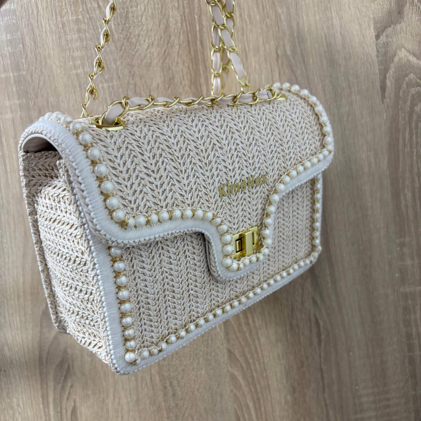 Small Women Straw Shoulder Bag Crossbody Bag Beach Purse with Pearls Decor for Vacation