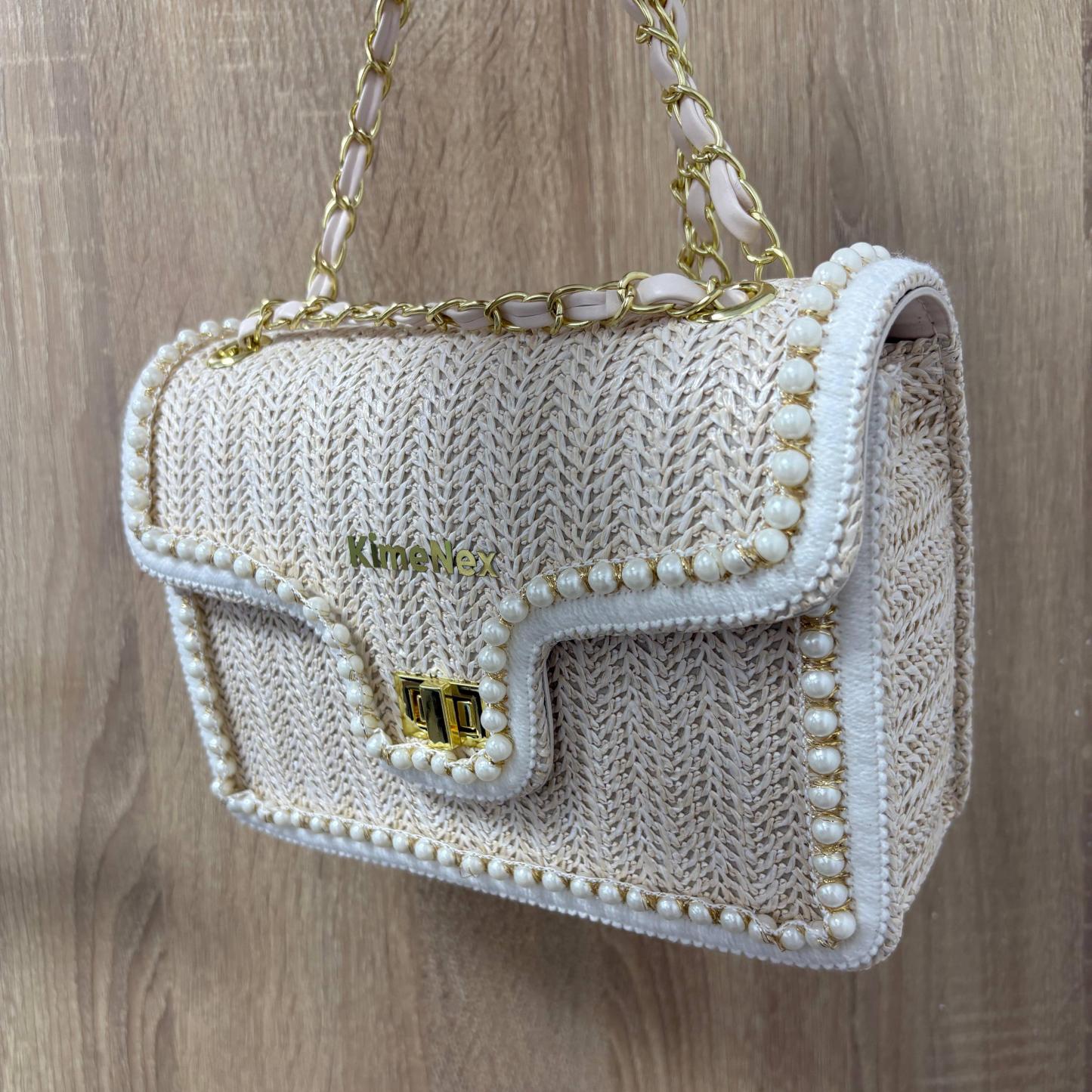 Small Women Straw Shoulder Bag Crossbody Bag Beach Purse with Pearls Decor for Vacation