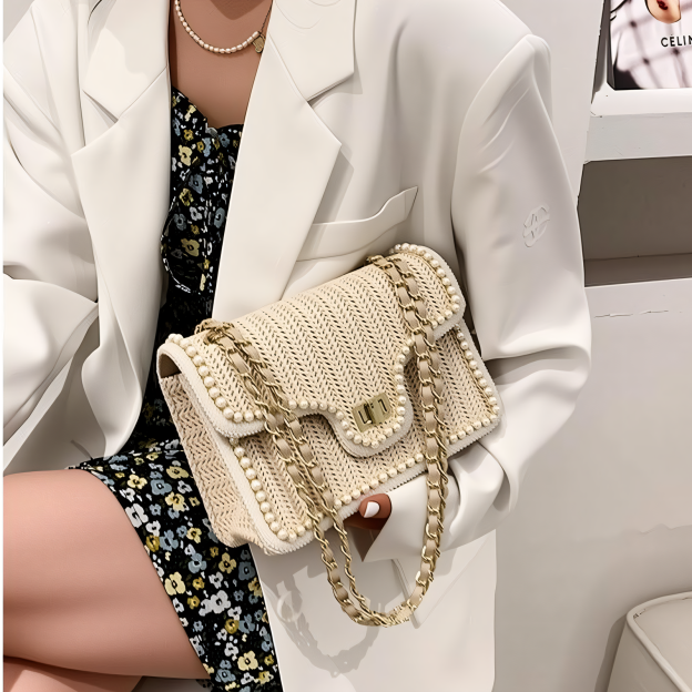 Straw Crossbody Bag for Women – Woven Shoulder Bag with Pearl Trim