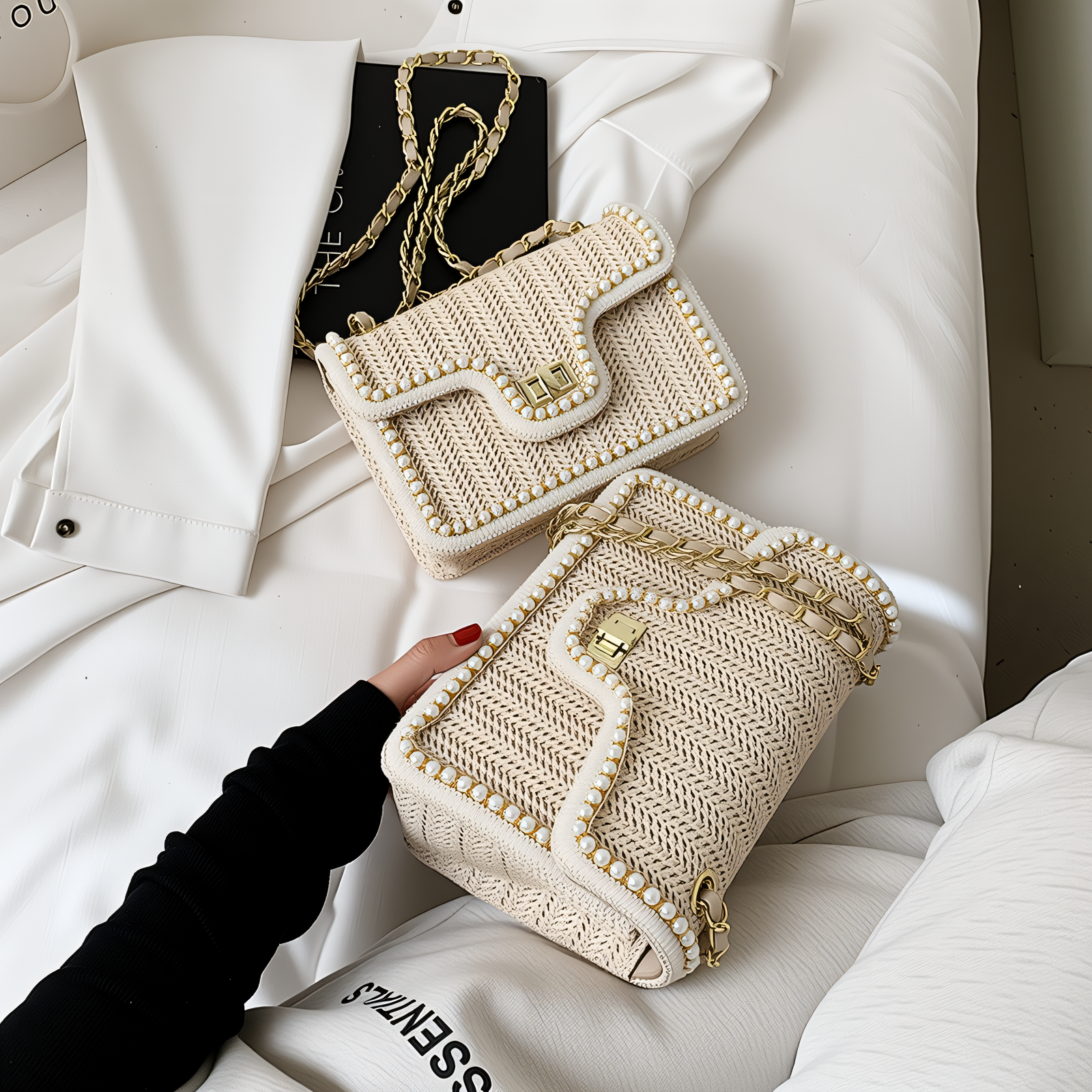 Straw Crossbody Bag for Women – Woven Shoulder Bag with Pearl Trim