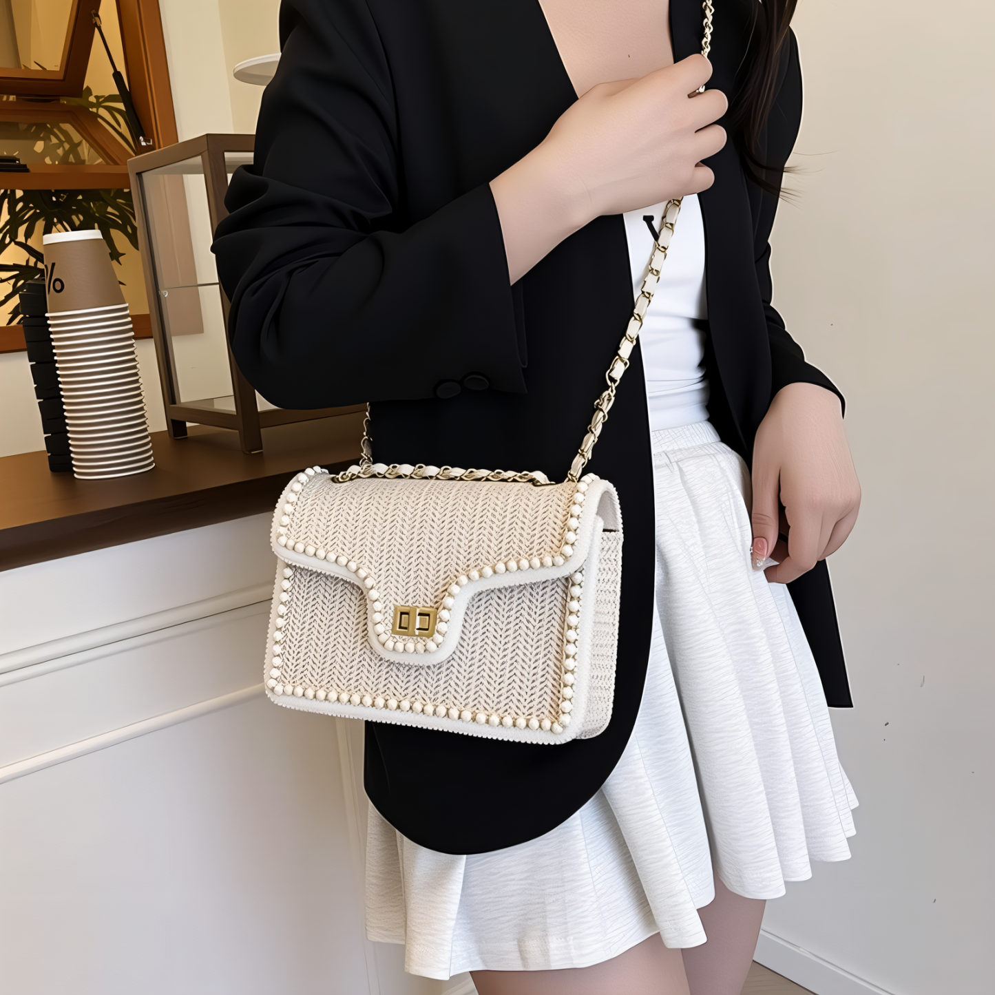 Straw Crossbody Bag for Women – Woven Shoulder Bag with Pearl Trim