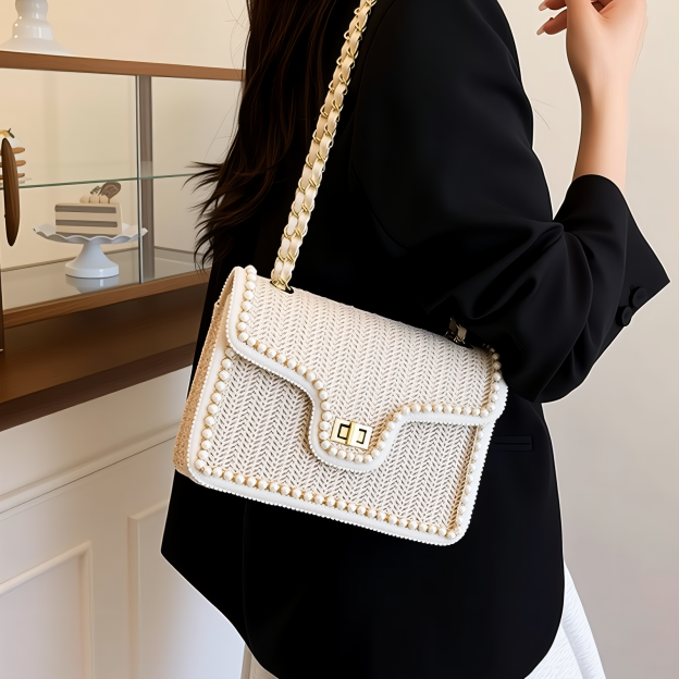 Straw Crossbody Bag for Women – Woven Shoulder Bag with Pearl Trim