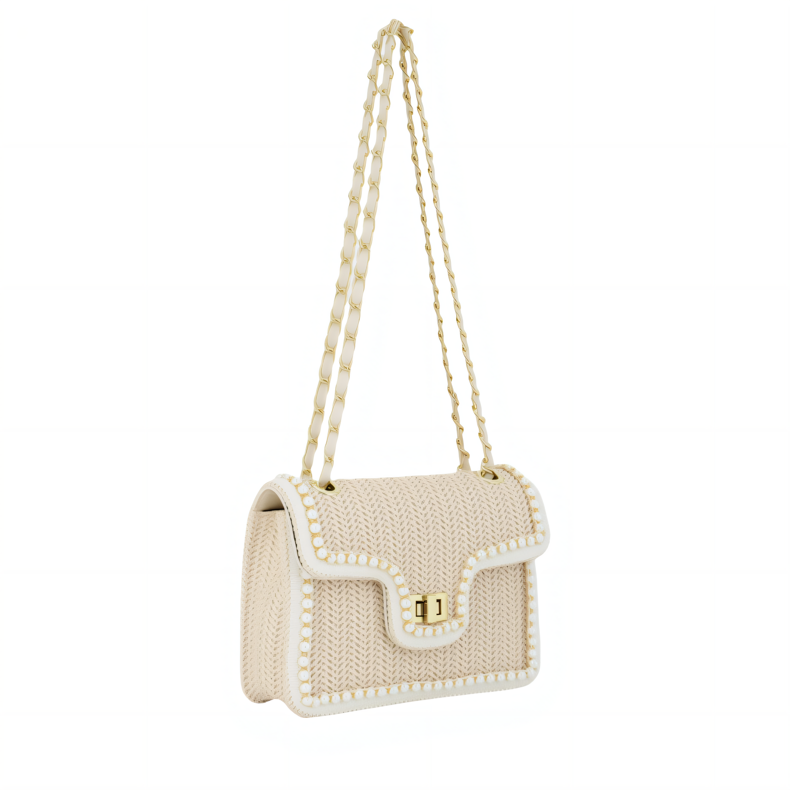 Straw Crossbody Bag with Pearl Trim
