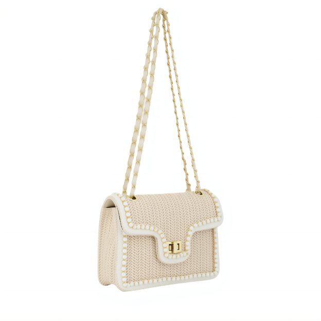 Straw Crossbody Bag with Pearl Trim