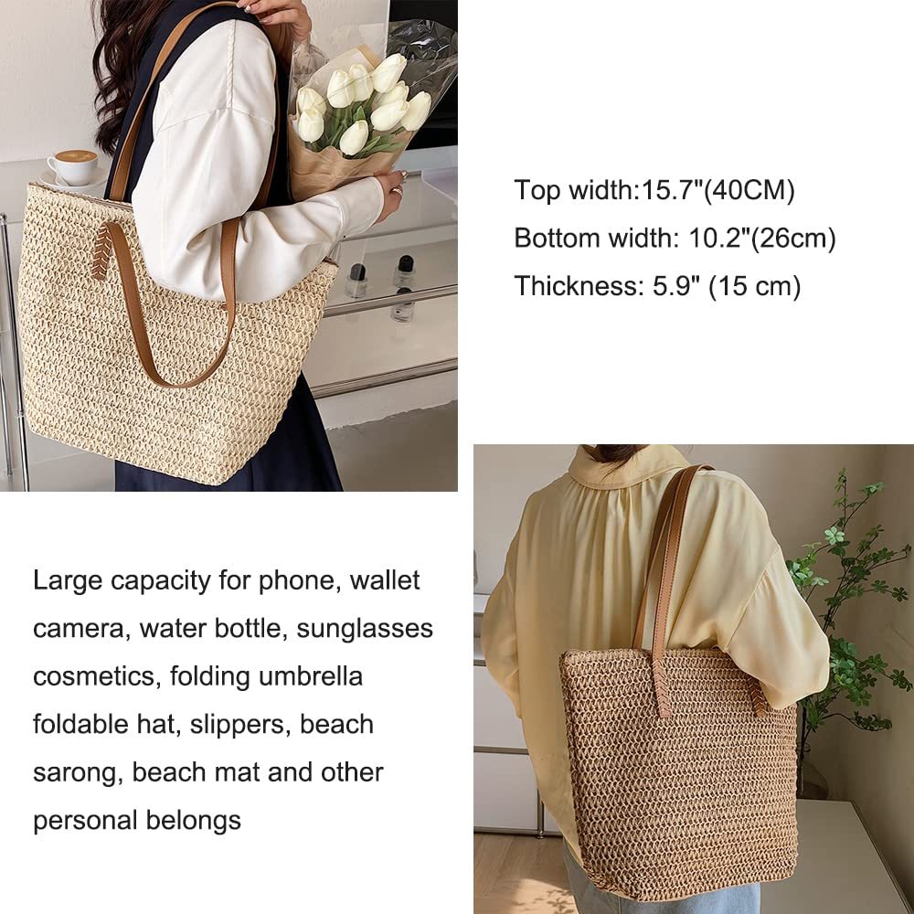 Straw Handbag Woven Tote Bag With Zipper Summer Straw Shoulder Bag