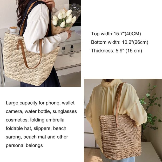 Straw Handbag Woven Tote Bag With Zipper Summer Straw Shoulder Bag