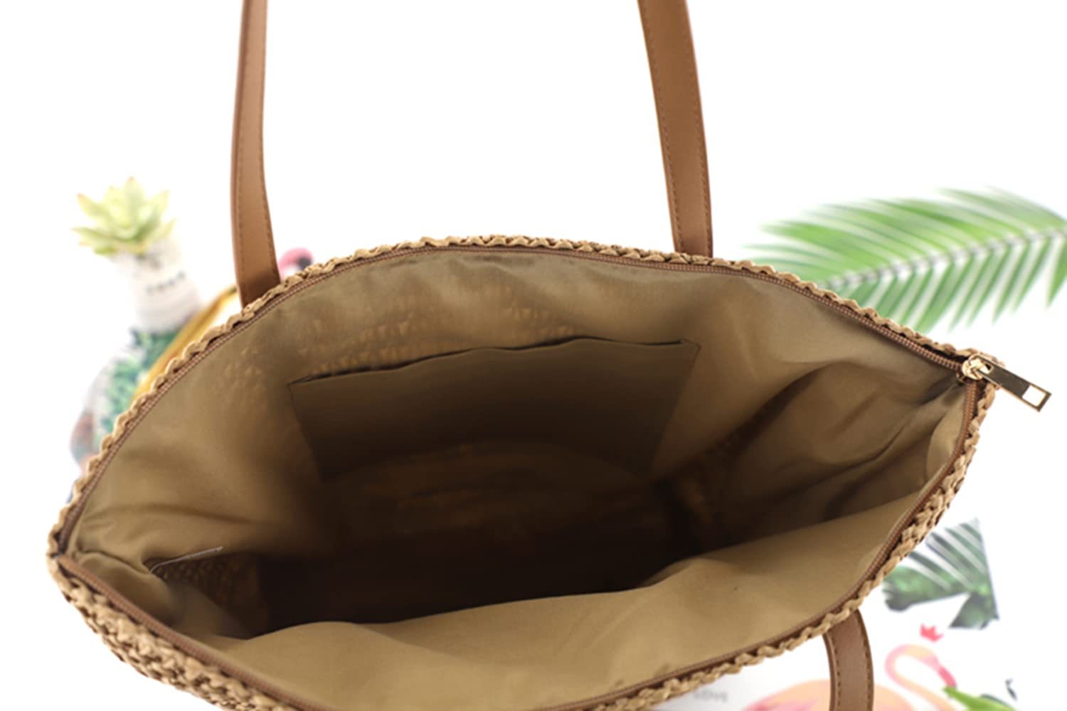 Straw Handbag Woven Tote Bag With Zipper Summer Straw Shoulder Bag