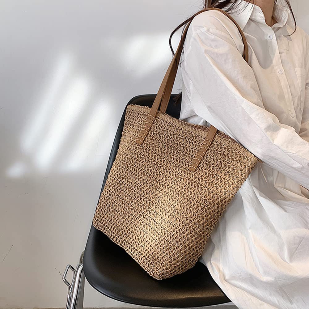 Straw Handbag Woven Tote Bag With Zipper Summer Straw Shoulder Bag