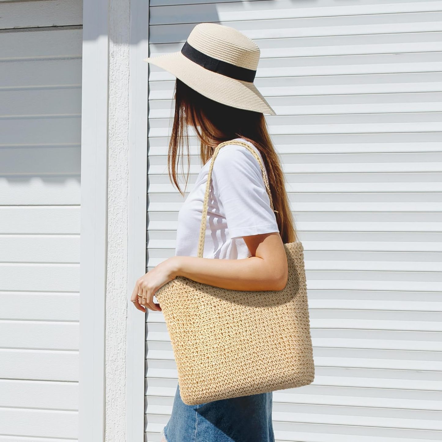 Large Beach Bag Woven Straw Tote Bags Shopping Travel Bag for Women