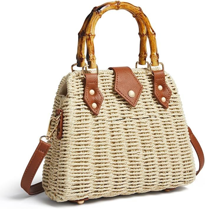 Natural woven straw handbag featuring a bamboo handle, brown leather trim, and a detachable crossbody strap, displayed against a neutral background.
