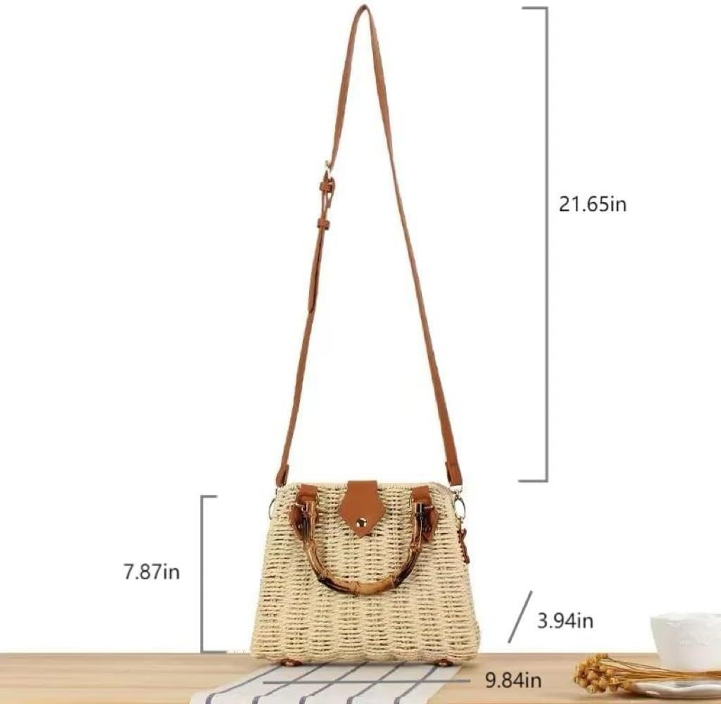 Woven Straw Handbag with Bamboo Handle, Brown Leather Trim, Crossbody Strap, Natural