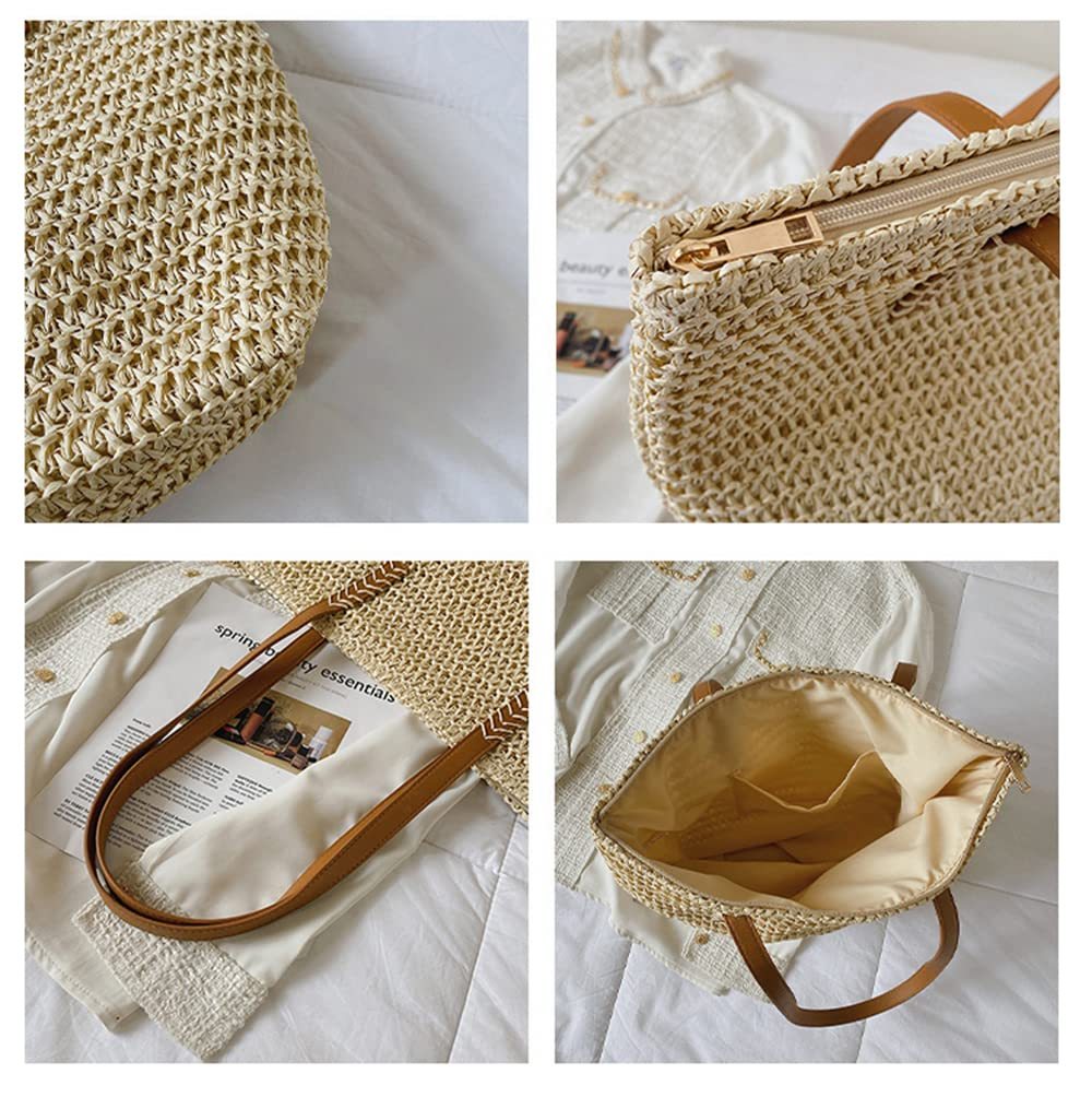 Straw Handbag Woven Tote Bag With Zipper Summer Straw Shoulder Bag