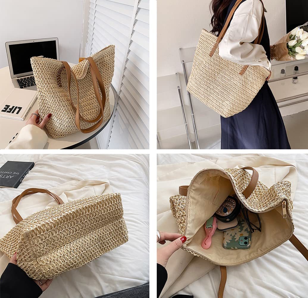 Straw Handbag Woven Tote Bag With Zipper Summer Straw Shoulder Bag