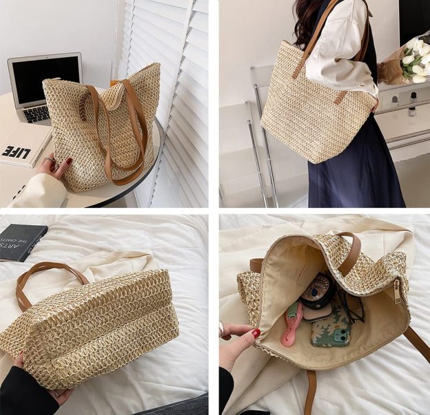 Straw Handbag Woven Tote Bag With Zipper Summer Straw Shoulder Bag