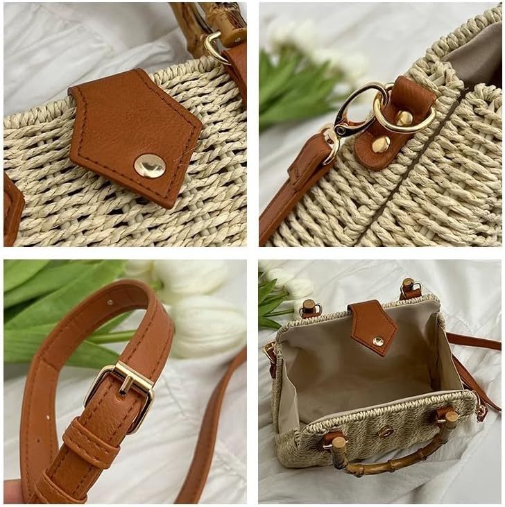 Woven Straw Handbag with Bamboo Handle, Brown Leather Trim, Crossbody Strap, Natural