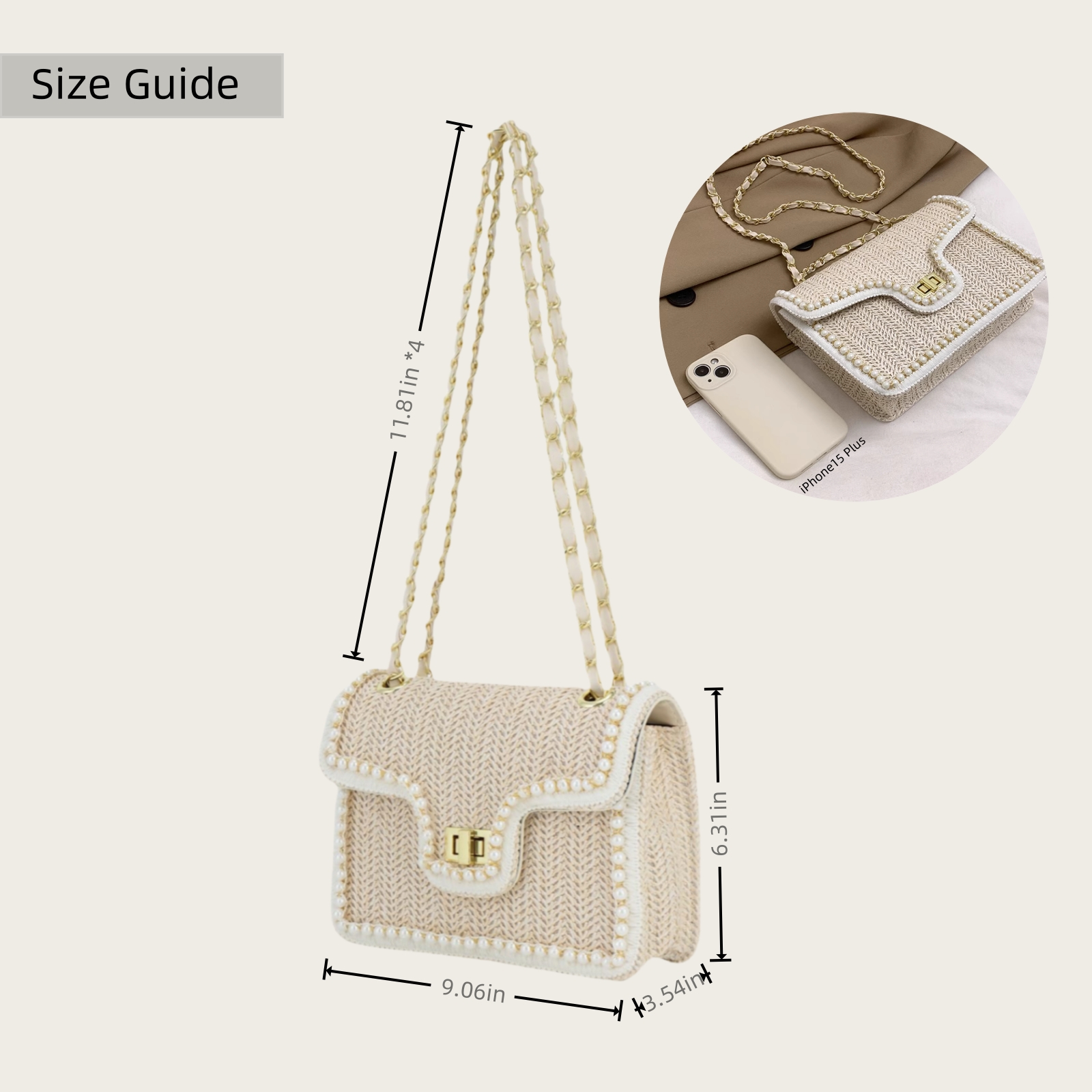 Straw Crossbody Bag for Women – Woven Shoulder Bag with Pearl Trim