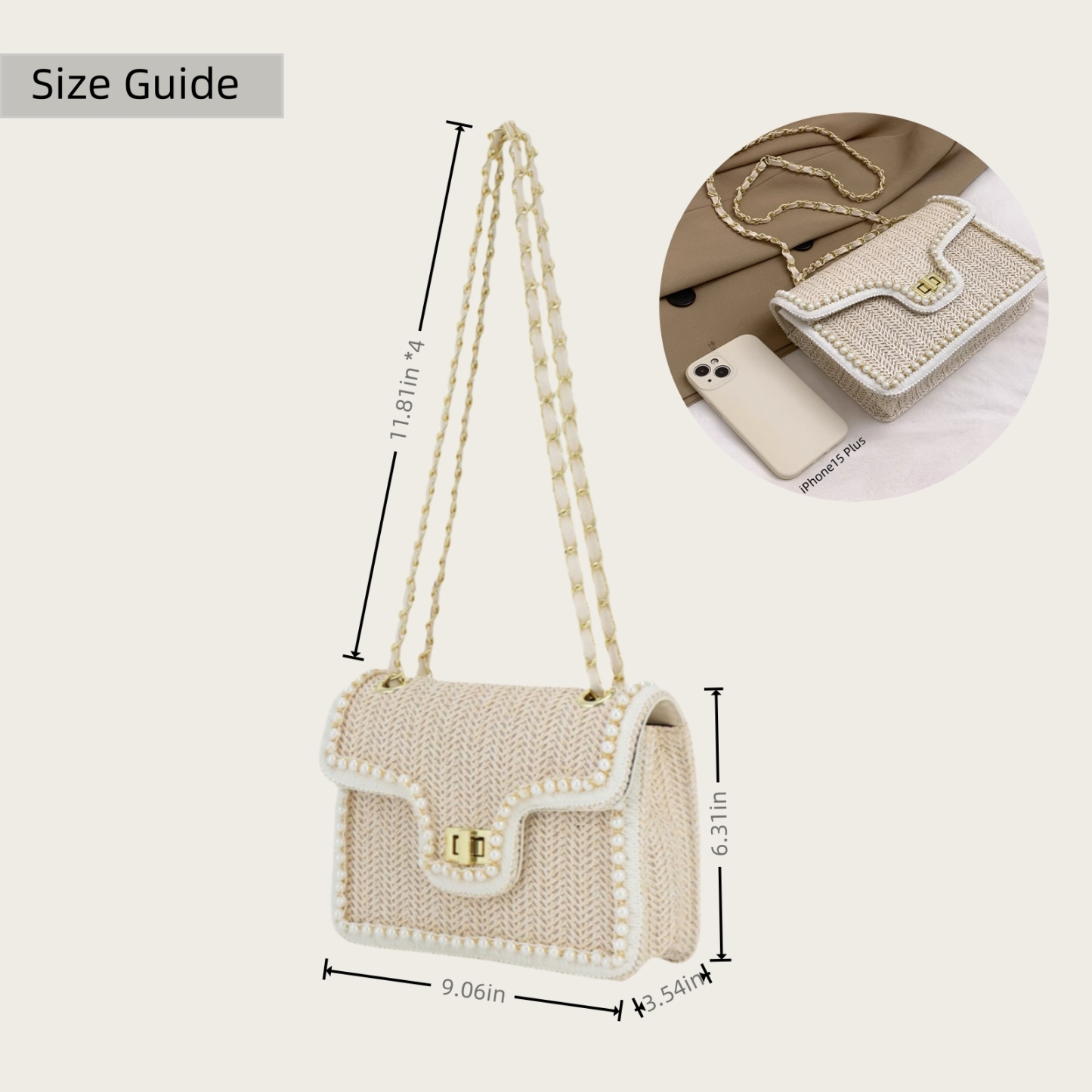 Straw Crossbody Bag for Women – Woven Shoulder Bag with Pearl Trim