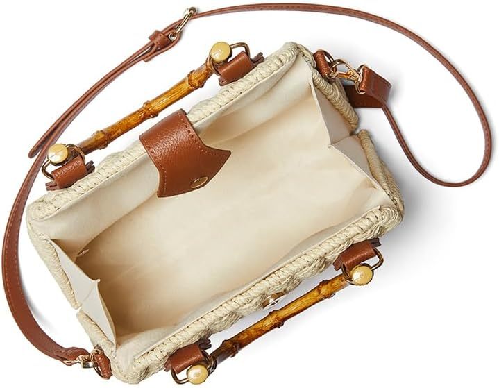 Woven Straw Handbag with Bamboo Handle, Brown Leather Trim, Crossbody Strap, Natural