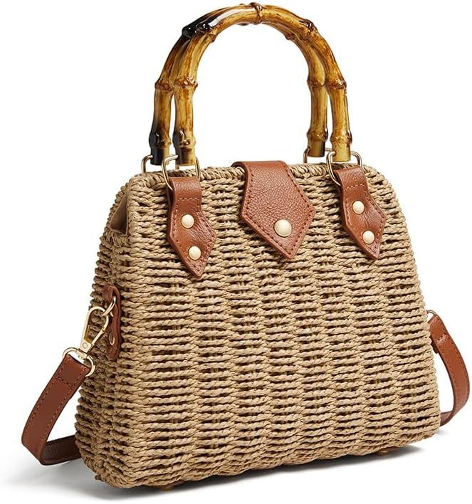 Woven Straw Handbag with Bamboo Handle, Brown Leather Trim, Crossbody Strap, Natural