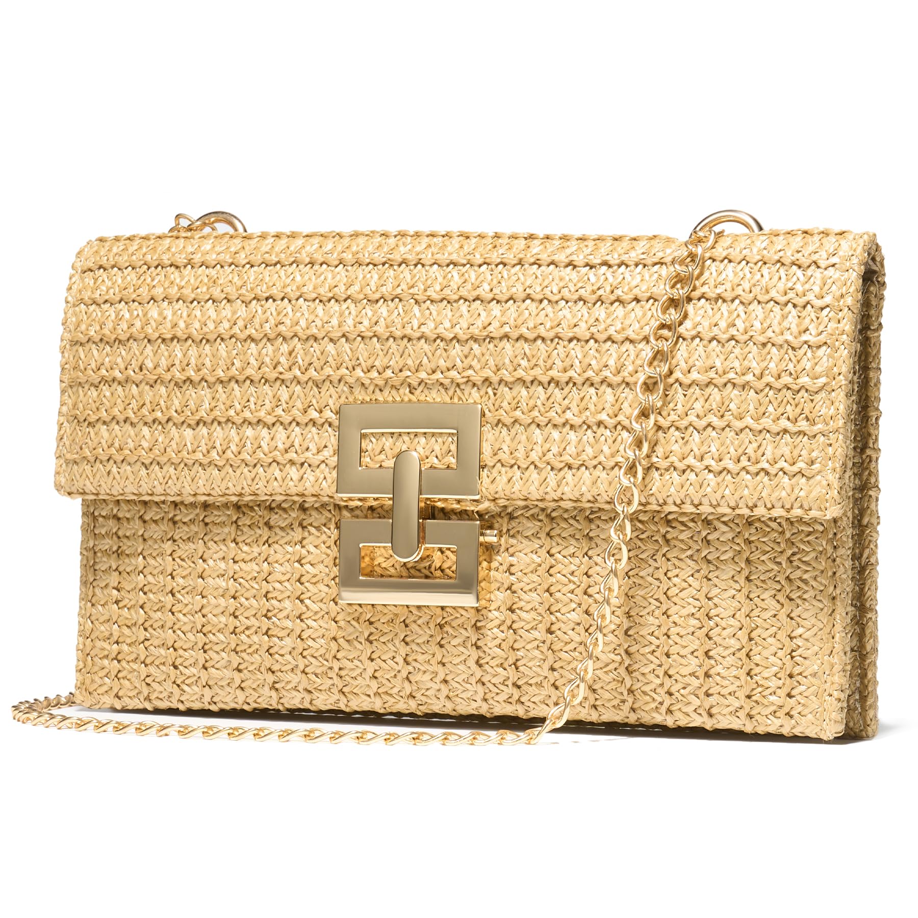 Boho chic straw clutch purse for women, displayed against a neutral background.
