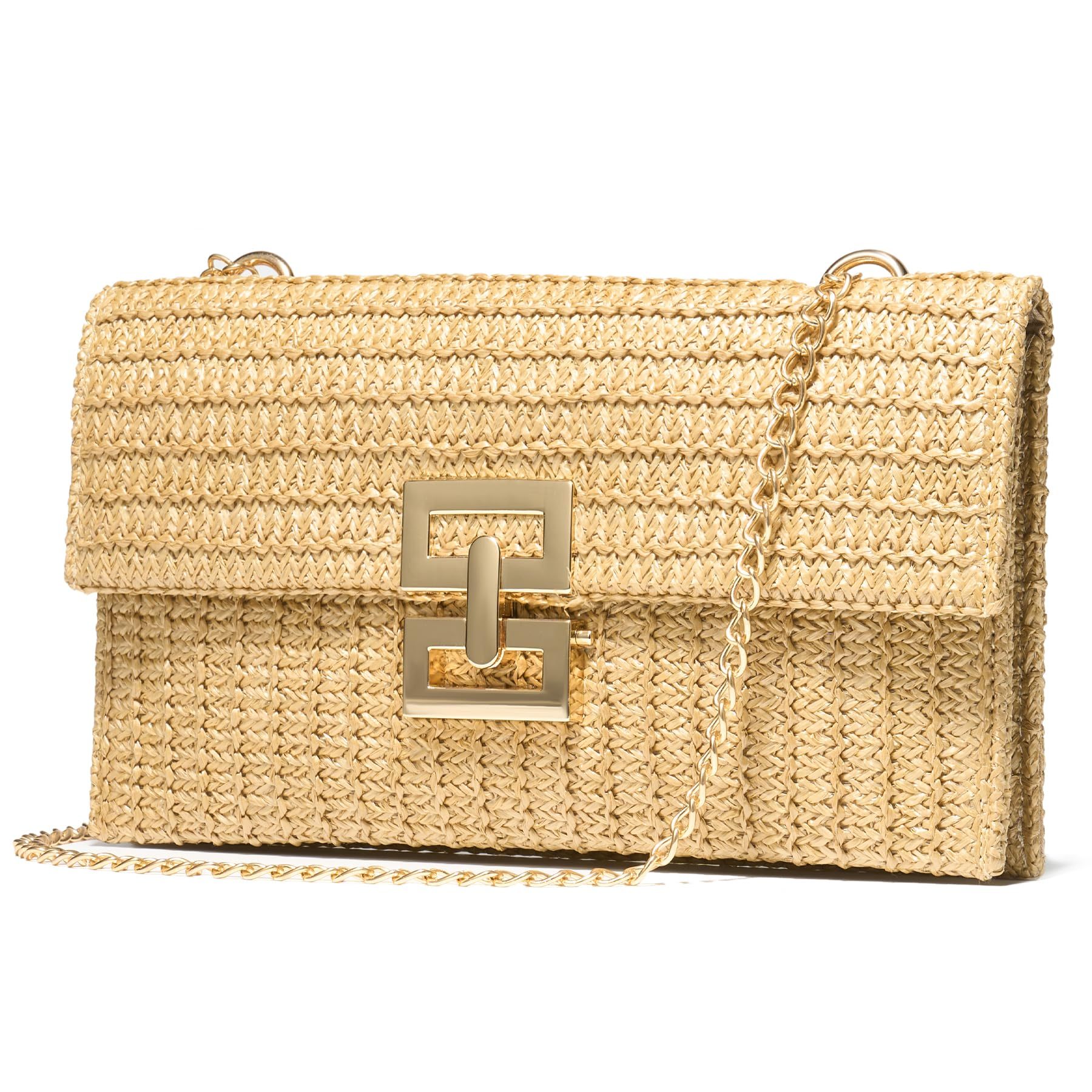 Boho chic straw clutch purse for women, displayed against a neutral background.