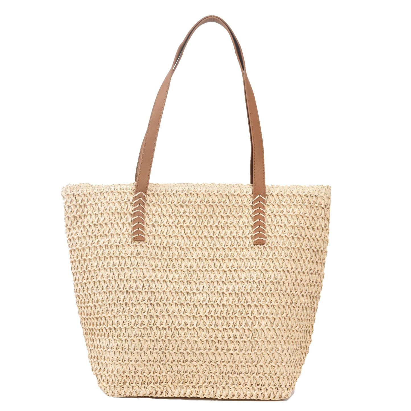 Handwoven straw tote bag with zipper closure and shoulder straps, displayed against a neutral background.